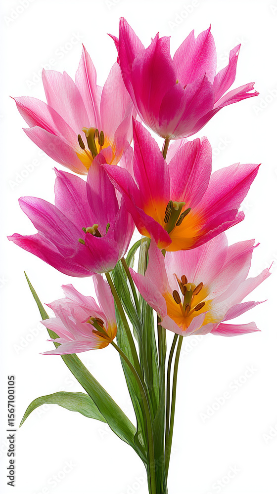 Obraz premium background of tulips in different shades of pastel pink, dancing together, with long stems, on white background