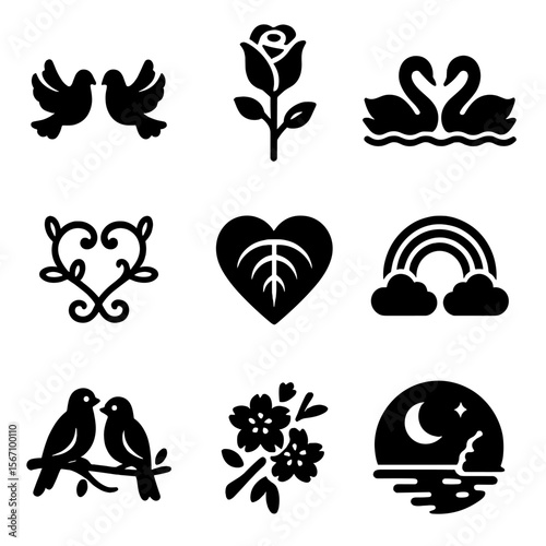 Nature's Love Icons. Solid, filled icons set of love symbolism in nature: doves, blooming rose, pair of swans,