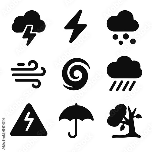 Storm Symbols Grid. Solid, filled icon set of stormy skies: thundercloud, lightning bolt, hail, strong wind, storm swirl, dark sky