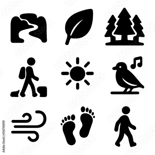 Nature Walk Icons. Solid, filled icons set of solitary nature walks: quiet path, leafy trail, forest icon,
