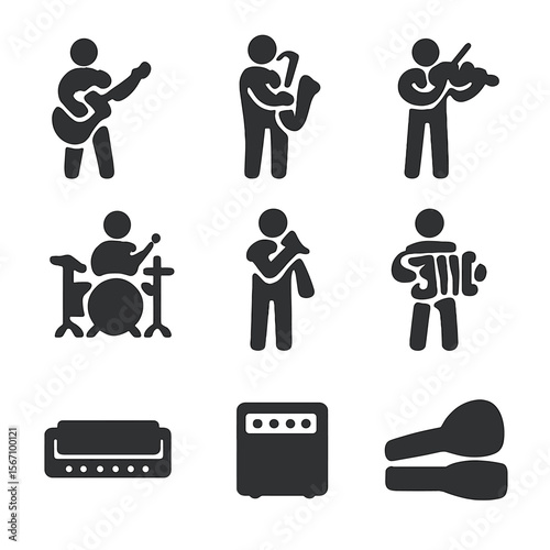 Street Musician Icons. Solid, filled icon set of street musicians: guitar player, saxophonist, violinist, drummer, singer with mic