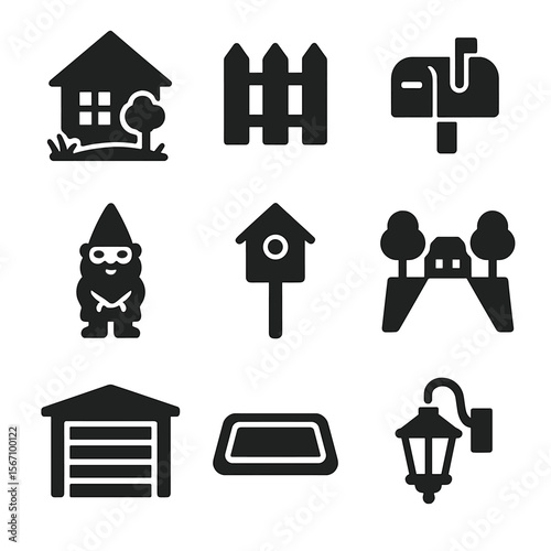 Neighborhood Icon Set. Solid, filled icons set of neighborhood environment features: front yard, picket fence,