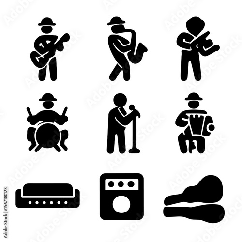 Street Musician Icons. Solid, filled icon set of street musicians: guitar player, saxophonist, violinist, drummer, singer with mic