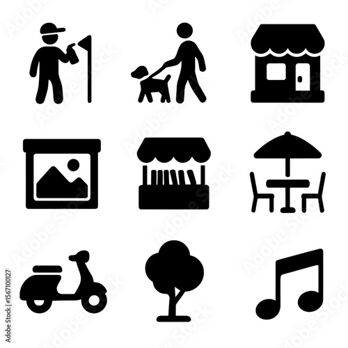 Street Culture Icons. Solid, filled icon set of street culture and charm: street artist, dog walker, tiny cafe, gallery window,
