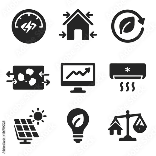 Net-Zero Energy Icons. Solid, filled icons set of net-zero energy buildings: zero energy meter, airtight