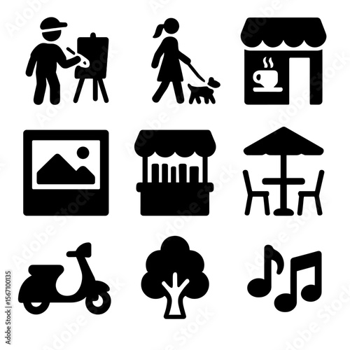 Street Culture Icons. Solid, filled icon set of street culture and charm: street artist, dog walker, tiny cafe, gallery window,