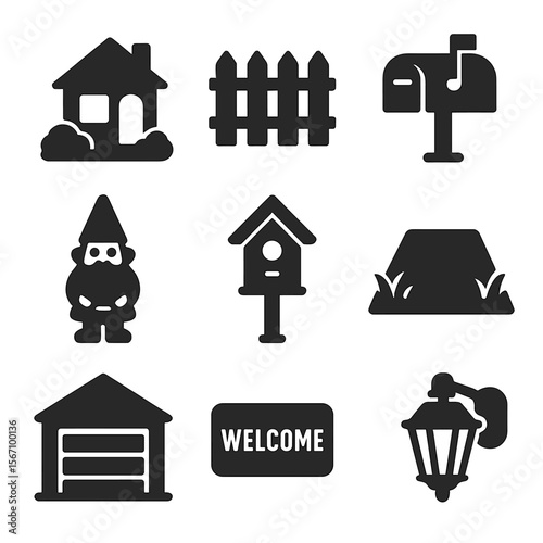 Neighborhood Icon Set. Solid, filled icons set of neighborhood environment features: front yard, picket fence,