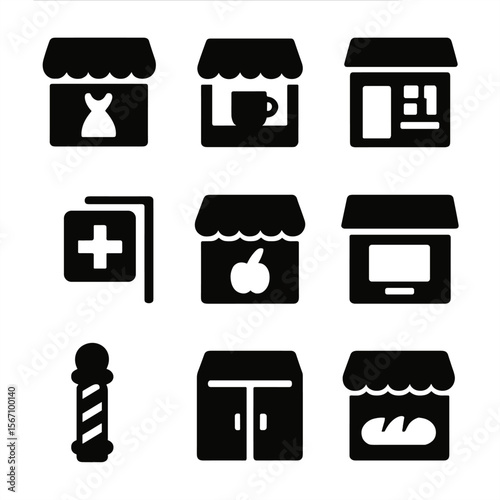 Storefront Icon Grid. Solid, filled icon set of storefront facades: boutique entrance, café exterior, bookstore front, pharmacy
