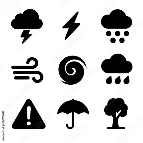 Storm Symbols Grid. Solid, filled icon set of stormy skies: thundercloud, lightning bolt, hail, strong wind, storm swirl, dark sky
