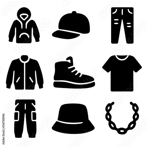 Streetwear Icon Set. Solid, filled icon set of streetwear essentials: hoodie, snapback cap, ripped jeans, bomber jacket, high-top