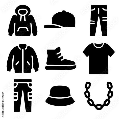Streetwear Icon Set. Solid, filled icon set of streetwear essentials: hoodie, snapback cap, ripped jeans, bomber jacket, high-top
