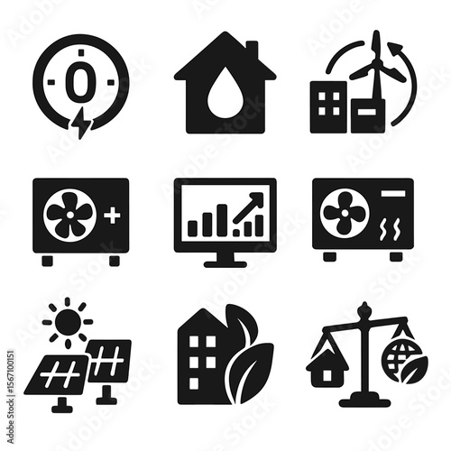Net-Zero Energy Icons. Solid, filled icons set of net-zero energy buildings: zero energy meter, airtight