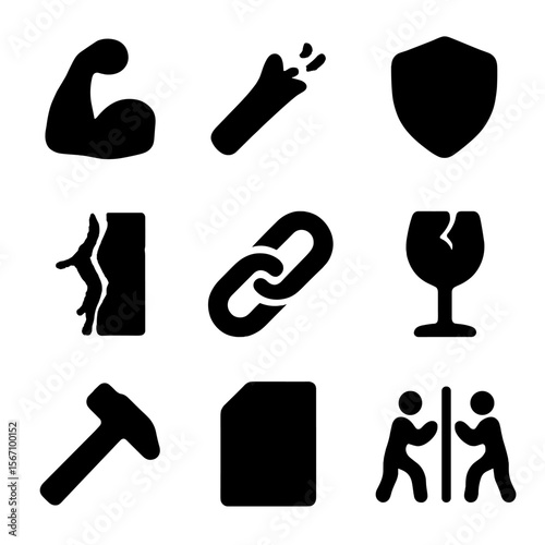 Strength and Fragility Icons. Solid, filled icon set of strength contrast: muscle arm, broken twig, shield icon, cracked wall,