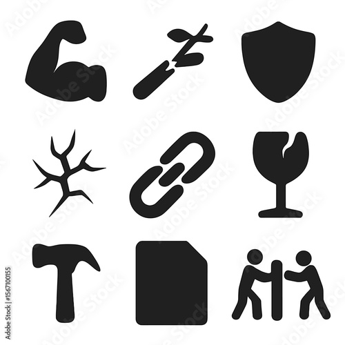 Strength and Fragility Icons. Solid, filled icon set of strength contrast: muscle arm, broken twig, shield icon, cracked wall,