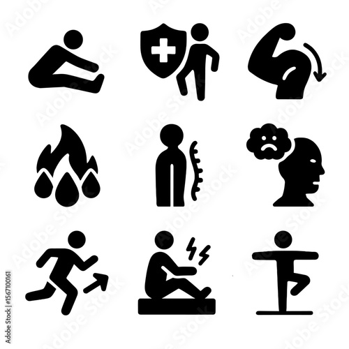 Stretching Benefits Icons. Solid, filled icon set of stretching benefits: improved flexibility, injury prevention, muscle