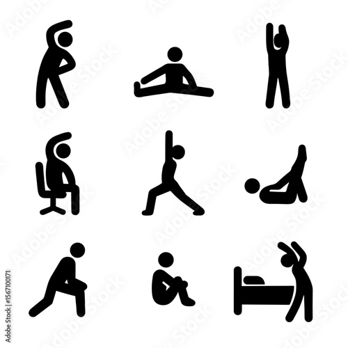 Stretching Icon Grid. Solid, filled icon set of stretching routines: warm-up stretch, cool-down stretch, morning stretch, office