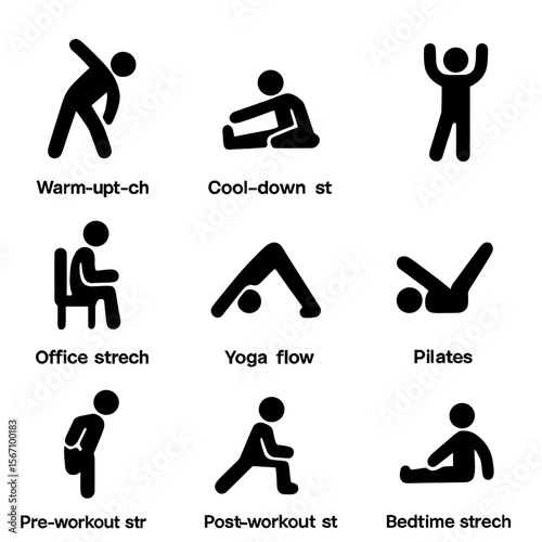 Stretching Icon Grid. Solid, filled icon set of stretching routines: warm-up stretch, cool-down stretch, morning stretch, office