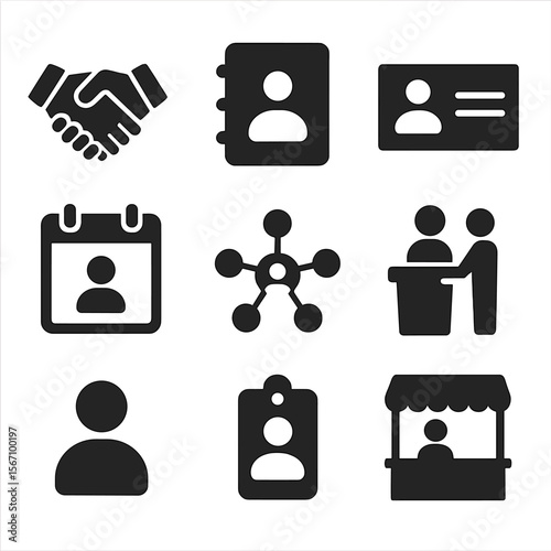 Networking Icons Grid. Solid, filled icons set of networking and opportunities: handshake, contact list,