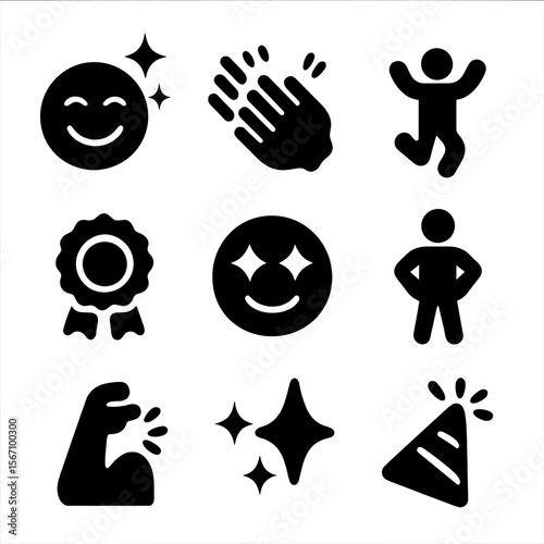 Success Icon Set. Solid, filled icon set of expressions of success: sparkling smile, clapping hands, jumping joy, winning ribbon,