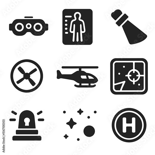 Night Air Rescue Icons. Solid, filled icons set of night-time air rescues: night vision goggles, infrared scan