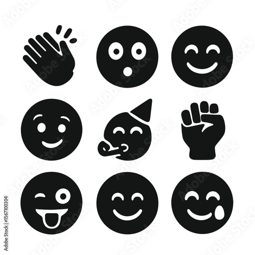 Success Emoji Icons. Solid, filled icon set of emotional reactions to success: hand clap, wide eyes, laughing smile, head tilt