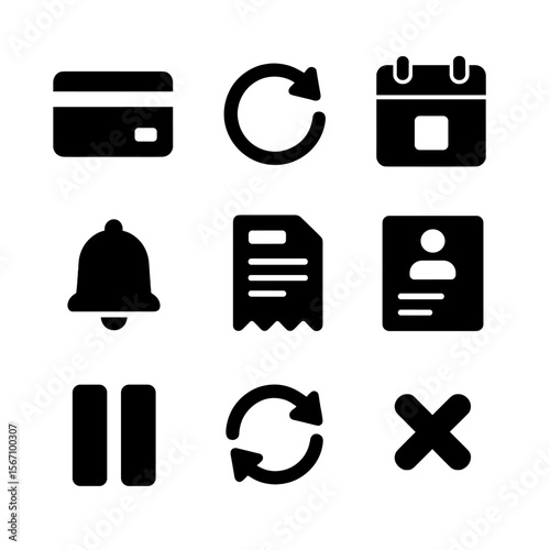 Subscription Icons Grid. Solid, filled icon set of subscription management: credit card, recurring arrow, calendar date, bell