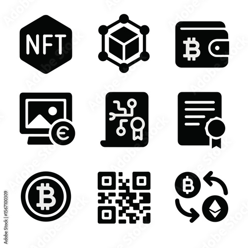 NFT Icon Set. Solid, filled icons set of NFT and blockchain-based art galleries: NFT icon, blockchain cube,