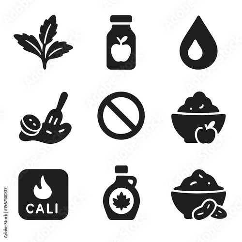 Sugar-Free Icons Grid. Solid, filled icon set of sugar-free compote options: stevia leaf, apple juice bottle, agave drop, mashed