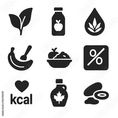 Sugar-Free Icons Grid. Solid, filled icon set of sugar-free compote options: stevia leaf, apple juice bottle, agave drop, mashed