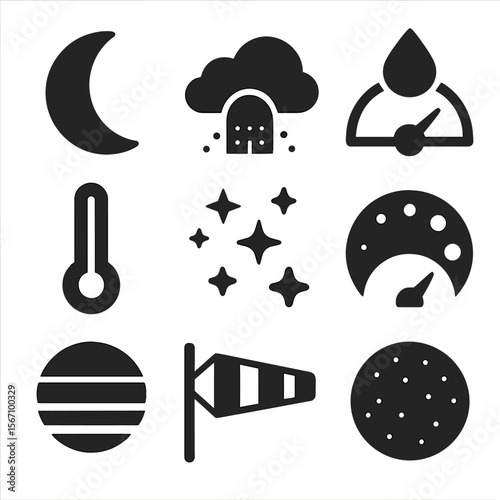 Night Sky Icons. Solid, filled icons set of night sky viewing conditions: moon phase, cloud cover, light