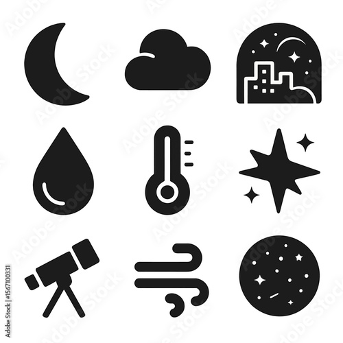 Night Sky Icons. Solid, filled icons set of night sky viewing conditions: moon phase, cloud cover, light