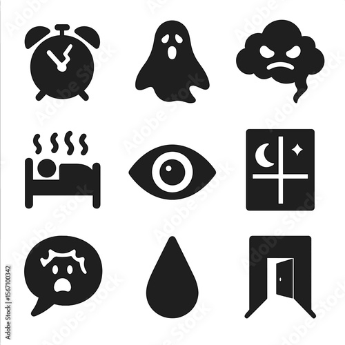 Nightmare Icon Set. Solid, filled icons set of nightmares and night fears: broken clock, ghostly shadow,