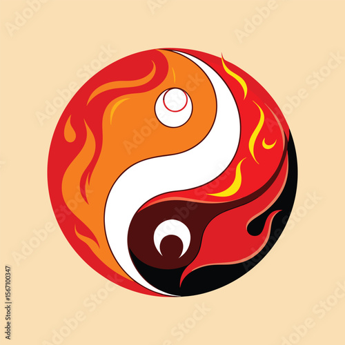 Yin Yang symbol with dynamic waves and fiery flame patterns, balance of elements, spiritual harmony, abstract vector illustration design