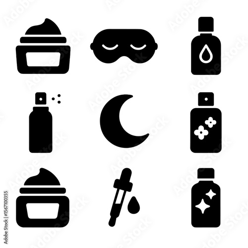 Nighttime Skincare Icons. Solid, filled icons set of nighttime skincare routine: night cream jar, sleep mask,
