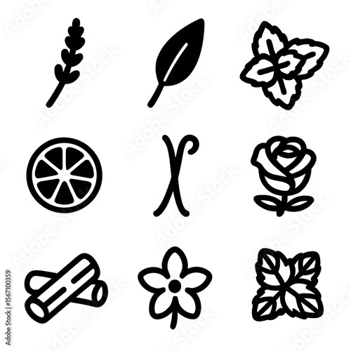 Summer Scent Icons. Solid, filled icon set of summer scents and aromas: lavender sprig, eucalyptus leaf, mint leaves, citrus slice