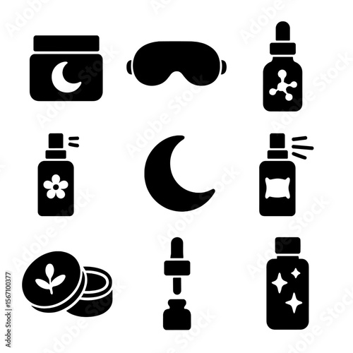 Nighttime Skincare Icons. Solid, filled icons set of nighttime skincare routine: night cream jar, sleep mask,