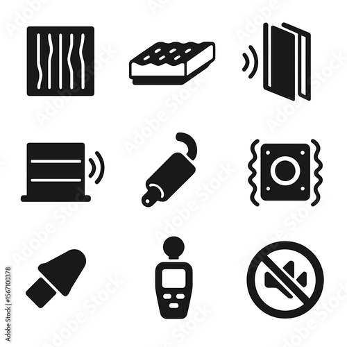 Noise Control Icons. Solid, filled icons set of noise control and soundproofing: acoustic panel, foam