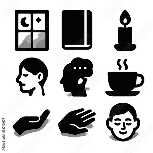 Nighttime Contemplation Icons. Solid, filled icons set of nighttime reflection and thoughts: windowpane
