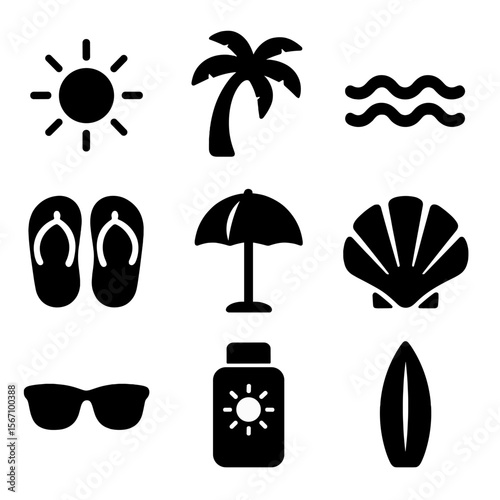 Summer Icon Set. Solid, filled icon set of summer vibes: sun, palm tree, waves, flip flops, beach umbrella, seashell, sunglasses,