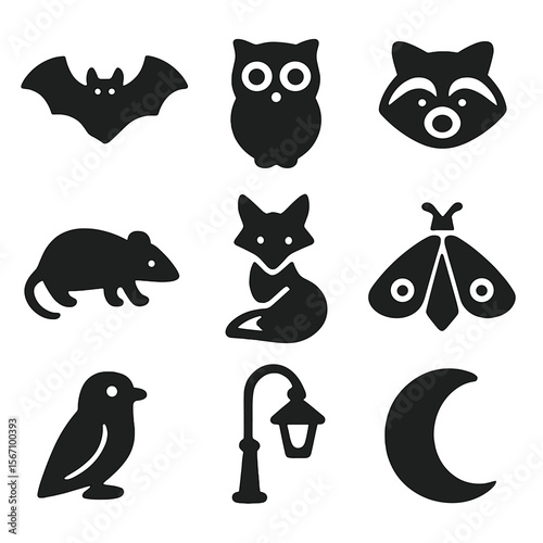 Nocturnal Animal Icons. Solid, filled icons set of nocturnal urban animals: bat, owl, raccoon, possum, fox,
