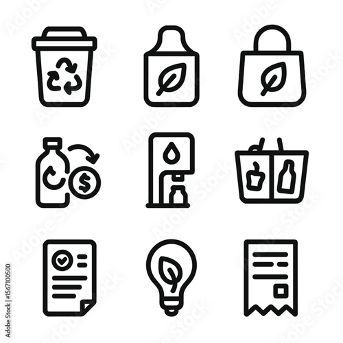 Sustainable Action Icons. Solid, filled icon set of customer actions for sustainability: recycling bin, compost bin, reusable bag,