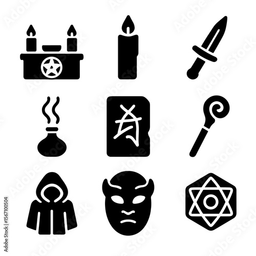 Occult Rituals Icons. Solid, filled icons set of occult rituals and ceremonies: altar setup, black candle,