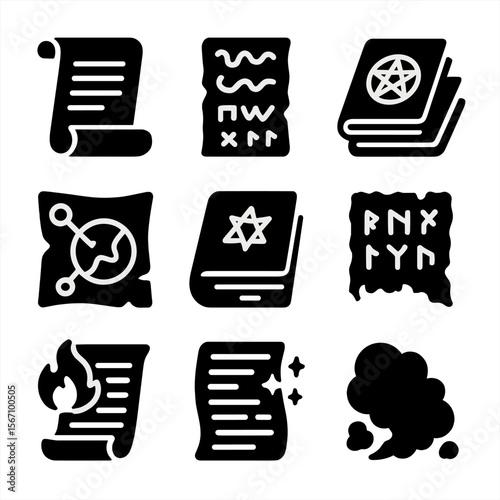 Occult Literature Icons. Solid, filled icons set of historical occult literature: parchment scroll, ancient
