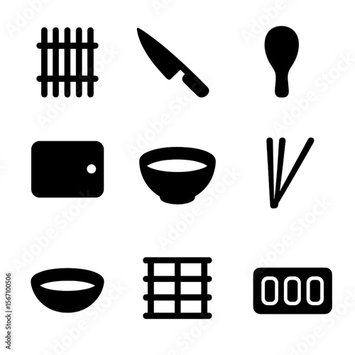 Sushi Tool Icons. Solid, filled icon set of sushi preparation tools: bamboo mat, sharp knife, rice paddle, cutting board, bowl of