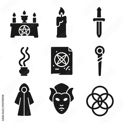 Occult Rituals Icons. Solid, filled icons set of occult rituals and ceremonies: altar setup, black candle,