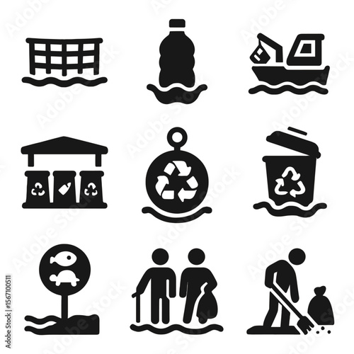 Ocean Cleanup Icons. Solid, filled icons set of ocean plastic cleanup and reuse: floating net, marine plastic