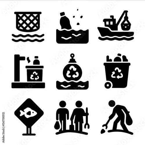 Ocean Cleanup Icons. Solid, filled icons set of ocean plastic cleanup and reuse: floating net, marine plastic