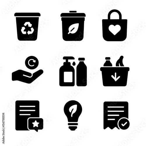 Sustainable Action Icons. Solid, filled icon set of customer actions for sustainability: recycling bin, compost bin, reusable bag,