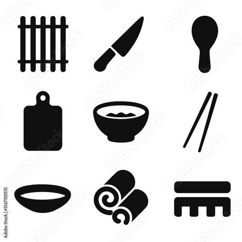 Sushi Tool Icons. Solid, filled icon set of sushi preparation tools: bamboo mat, sharp knife, rice paddle, cutting board, bowl of