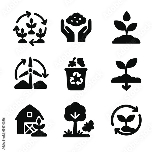 Sustainable Agriculture Icons. Solid, filled icon set of sustainable agriculture and energy cycle: crop rotation, soil health,